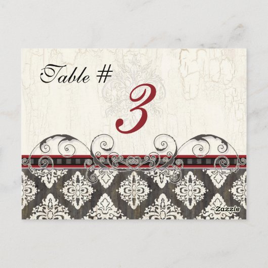 黒'nホワイトダマスク赤いテーブルカード番号 ポストカード (裏面)