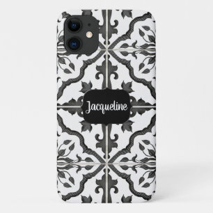 黒n白の水彩ファーム素朴タイルパターン iPhone 11 ケース