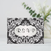 黒RSVP上の葉のような白いダマスパターン 出欠カード (スタンド正面)
