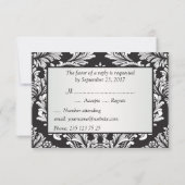 黒RSVP上の葉のような白いダマスパターン 出欠カード (裏面)