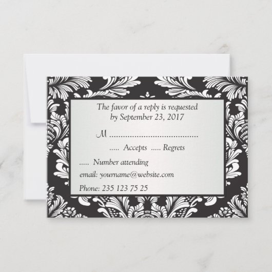 黒RSVP上の葉のような白いダマスパターン 出欠カード (裏面)