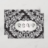 黒RSVP上の葉のような白いダマスパターン 出欠カード (正面/裏面)
