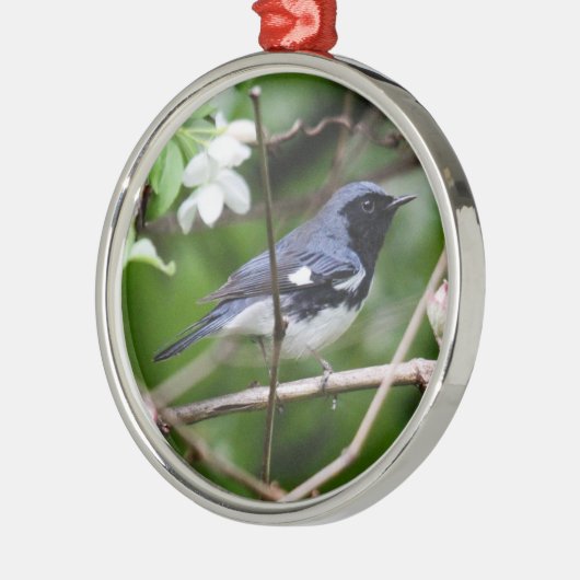 黒throated青いアメリカムシクイ メタルオーナメント (左)