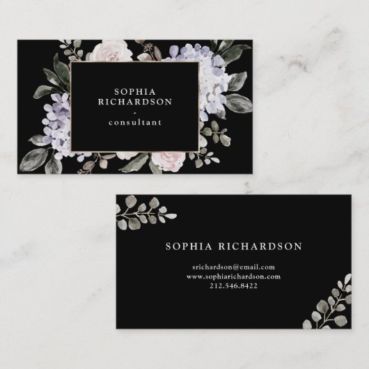 黙したパステル調の水彩画のアジサイの花柄|の黒 名刺 (正面/裏面)