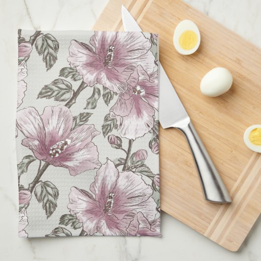 黙したピンクのハイビスカスの花模様 キッチンタオル (四つ折り)