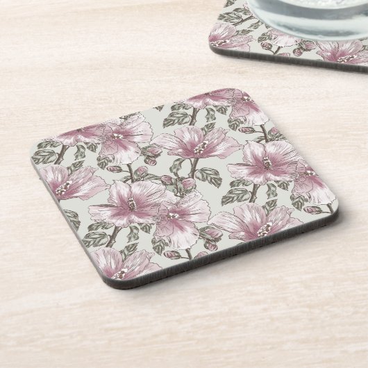 黙したピンクのハイビスカスの花模様 コースター (左側)