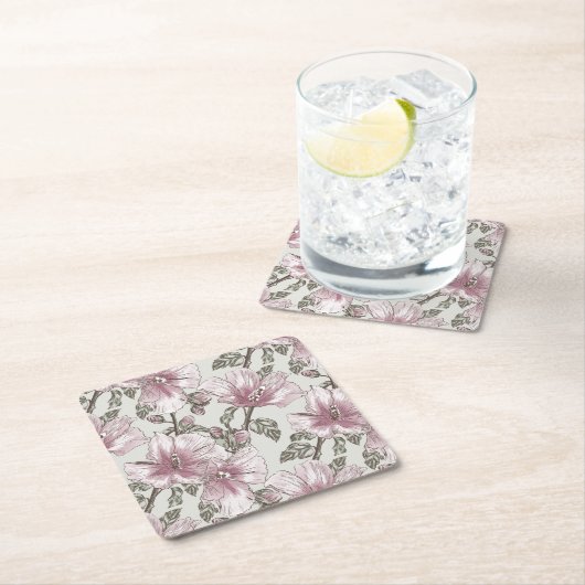 黙したピンクのハイビスカスの花模様 スクエアペーパーコースター (インサイチュ)
