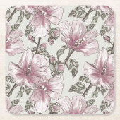 黙したピンクのハイビスカスの花模様 スクエアペーパーコースター (正面)