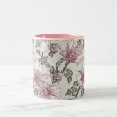 黙したピンクのハイビスカスの花模様 ツートーンマグカップ (中央)