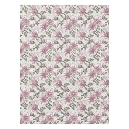 黙したピンクのハイビスカスの花模様 テーブルクロス (正面)
