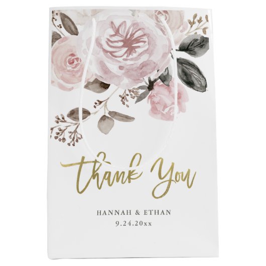 黙した水彩画および金ゴールド|の赤面のピンクのバラ ミディアムペーパーバッグ (正面)