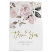 黙した水彩画および金ゴールド|の赤面のピンクのバラ ミディアムペーパーバッグ (裏面)