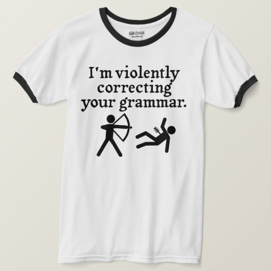 黙っおもしろいて文法を直すこと Tシャツ (デザイン正面)