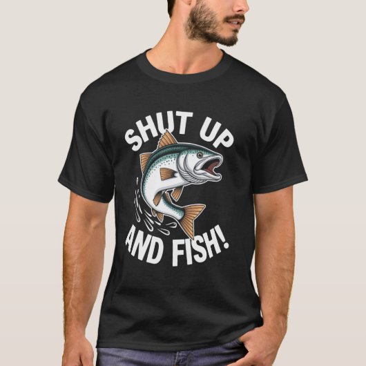 黙って釣り Funny Fishデザイン Tシャツ (正面)