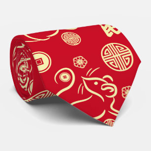 鼠中国のの正月-赤と金ゴールド ネクタイ