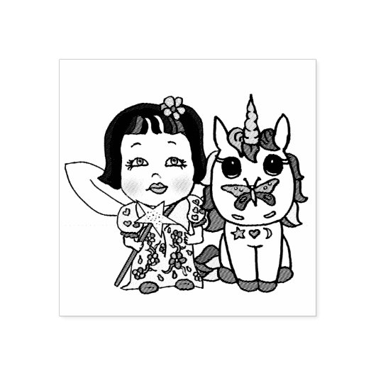 鼻にかわいらし蝶を付けたユニコーン ラバースタンプ (インプリント)