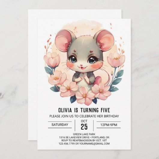 齧歯類印刷可能マウス誕生日 招待状 (正面/裏面)