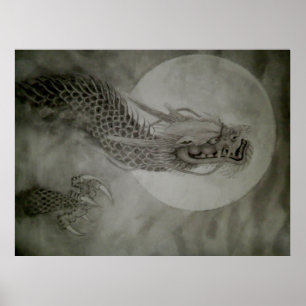 龍 水墨画 dragon poster 月 moon ポスター