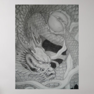 龍　dragon　水墨画　降り白龍 ポスター