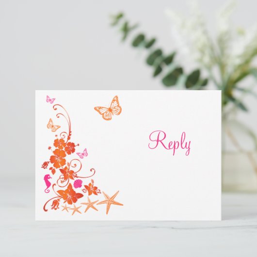 핑크, 주황, 하얀 열대 해변 RSVP 카드 (スタンド正面)