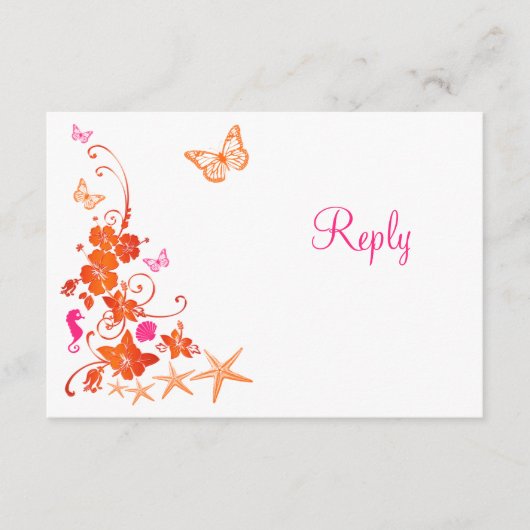 핑크, 주황, 하얀 열대 해변 RSVP 카드 (正面)