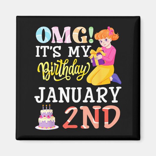 1月2日の私の誕生日おめでとう 可愛い女の子と マグネット (正面)