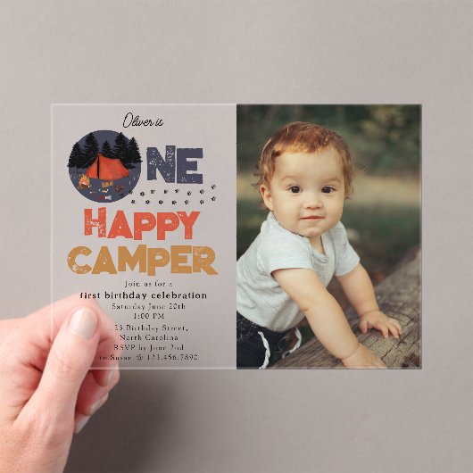 1歳の夏の誕生日フォト「One Happy Camper」 アクリル招待状 (インサイチュ (ポータブル))