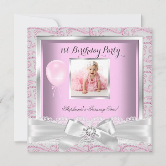1歳の誕生日パーティー 女の子 ピンク ダイヤモンド 招待状 (正面)