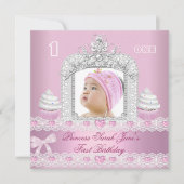 １歳の誕生日 女の子 ピンク プリンセス ティアラ 招待状 (正面)