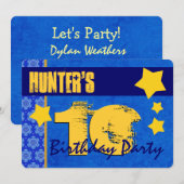 １０歳の誕生日　現代的　彼のための　青と金　W13B7 招待状 (正面/裏面)