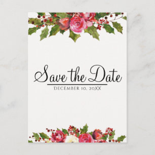 12月 冬の結婚式 ホーリー フローラル セーブ ザ デート 案内ポストカード