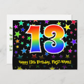 13歳の誕生日おめでとう:楽しいスターパターン、虹13、名前 ポストカード (正面/裏面)