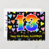 １３歳の誕生日：楽しいハート柄、虹色１３ ポストカード (正面/裏面)