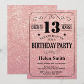 13歳の誕生日 黒とピンクのローズゴールドグリッター 招待状 (正面/裏面)