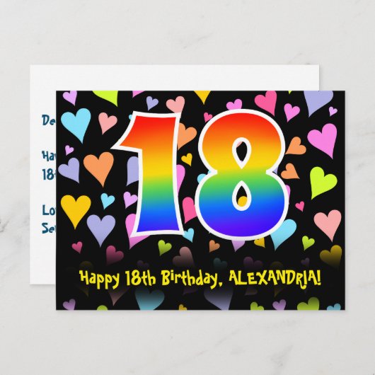18歳の誕生日:楽しいハート柄、虹色18 ポストカード (正面/裏面)