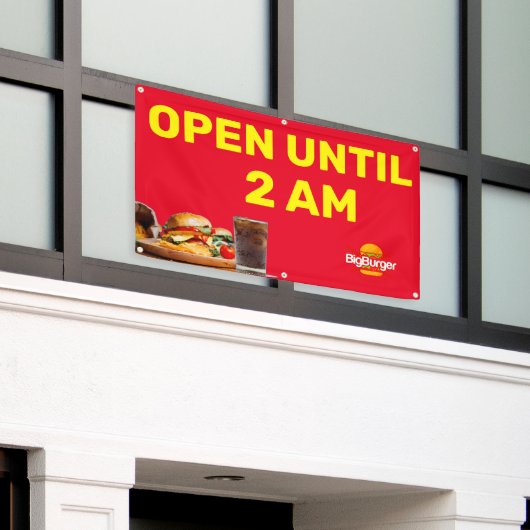 ２時まで営業バーガー店のカスタムロゴ 横断幕 (ビルの外側)