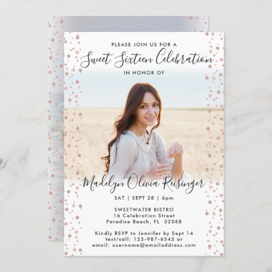 ２枚　写真　スイート　16　モダン　ピンク　ローズ　ゴールド　グリッター 招待状 (正面/裏面)