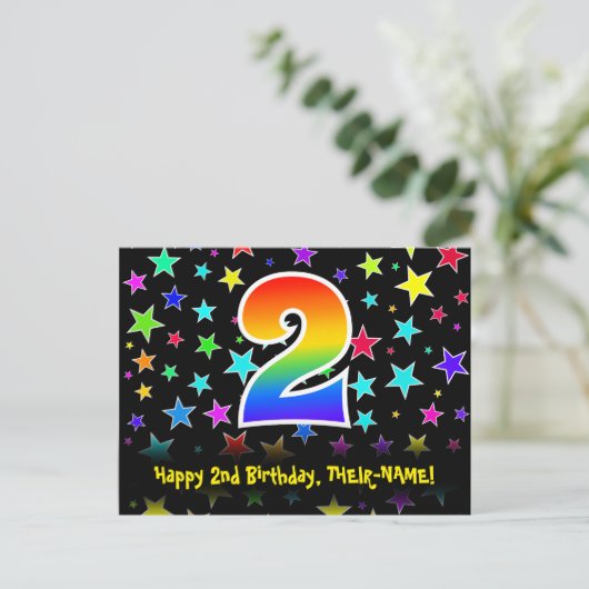 2歳の誕生日おめでとう:楽しい星の模様、虹2、名前 ポストカード (スタンド正面)