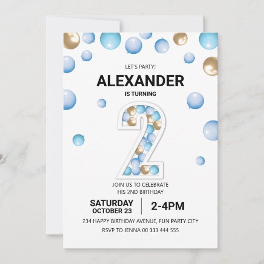 ２歳の誕生日パーティー 青と金の風船の少年 招待状 (正面)
