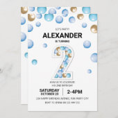 ２歳の誕生日パーティー 青と金の風船の少年 招待状 (正面/裏面)