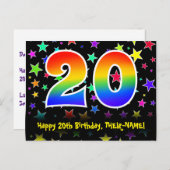 ２０歳の誕生日おめでとう：楽しいスターパターン、虹２０、名前 ポストカード (正面/裏面)