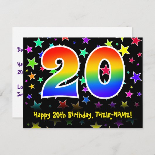 ２０歳の誕生日おめでとう：楽しいスターパターン、虹２０、名前 ポストカード (正面/裏面)