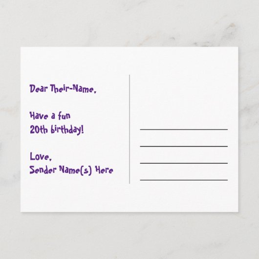 ２０歳の誕生日おめでとう：楽しいスターパターン、虹２０、名前 ポストカード (裏面)