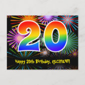 20歳の誕生日 – 楽しい花火模様 + レインボー20 ポストカード (正面)