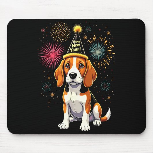2025年元旦前夜の花火とビーグル犬の面白いデザイン マウスパッド (正面)