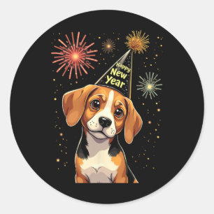 2025年元旦前夜の花火とビーグル犬の面白いデザイン ラウンドシール