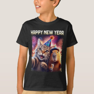 2026年新年あけましておめでとう かわいいネコ カピバラ パーティーアート Tシャツ