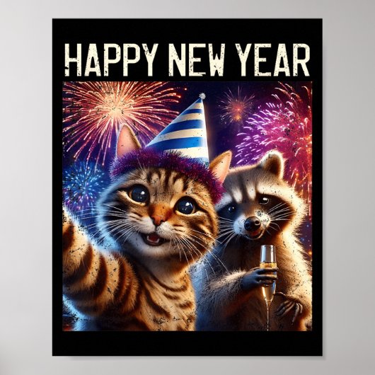 2026年新年あけましておめでとう かわいい猫とアライグマのお祝い ポスター (正面)