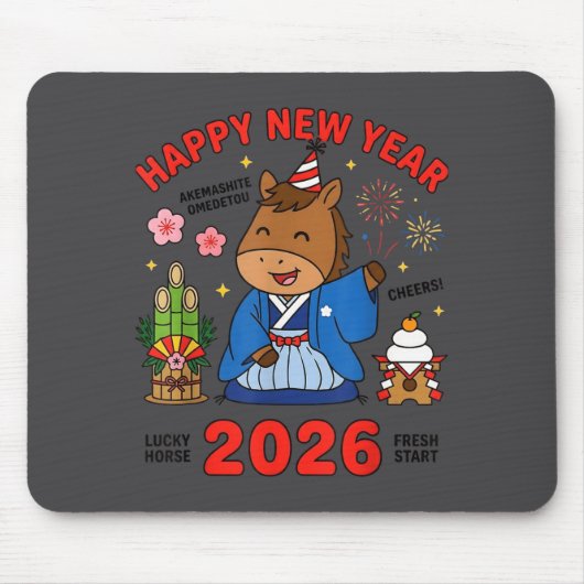 ２０２６年新年おめでとう かわいい馬の和風のお祝い マウスパッド (正面)