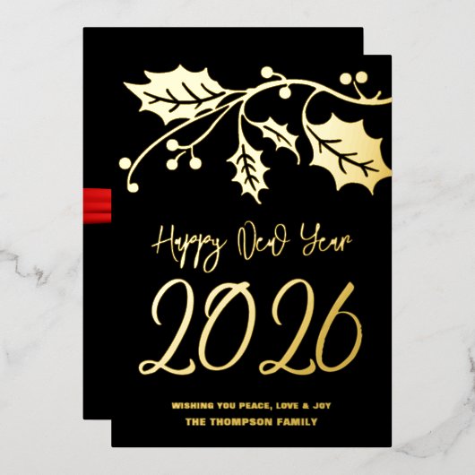 ２０２６年新年おめでとう、赤いリボン 箔シーズンカード (正面/裏面)